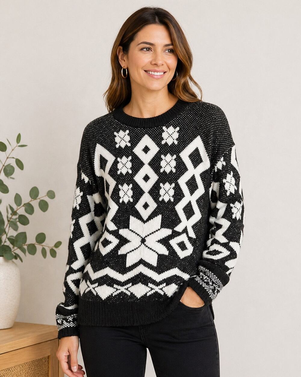 Vintage Grandpa Core Snowflake Black and White Sweater size large made in the US